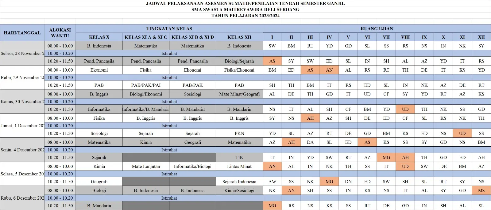 Jadwal Pelaksanaan PAS/PTS Semester Ganjil - Waka Kurikulum